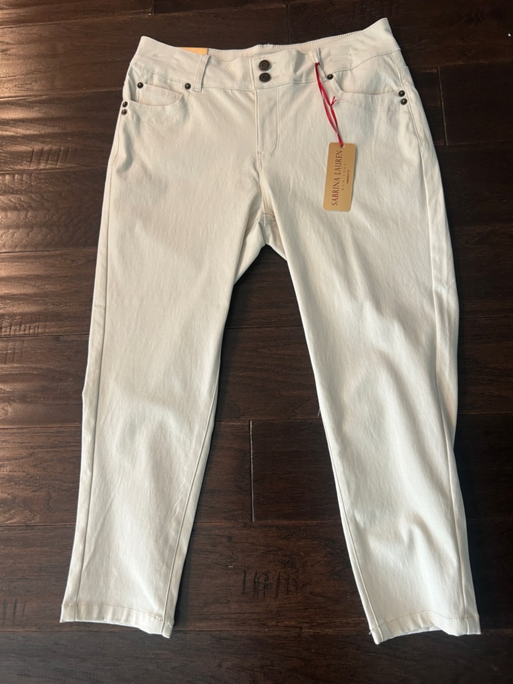Sabrina Lauren Cream Cropped Ankle Jeans with Double-Button Waist